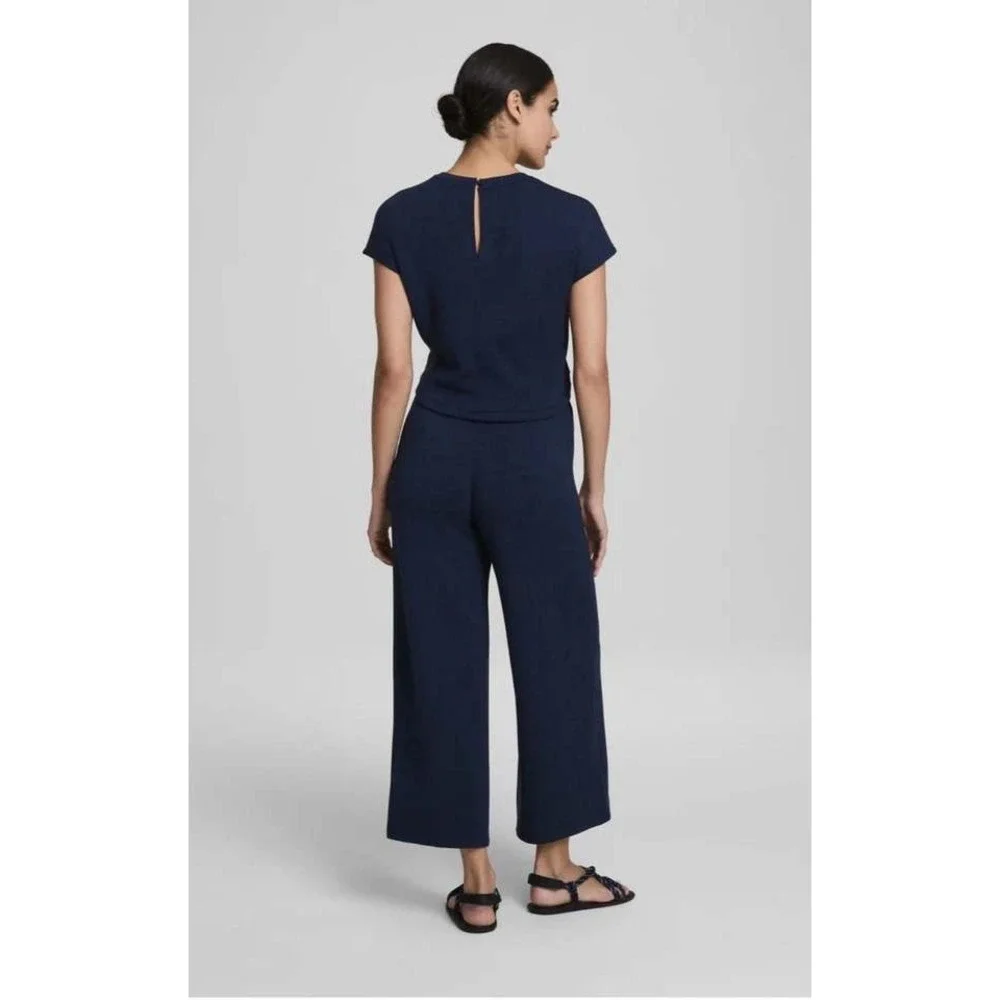 SPANX Air Essentials Wide Leg Tie Waist Jumpsuit Navy Blue Womens Small Petite